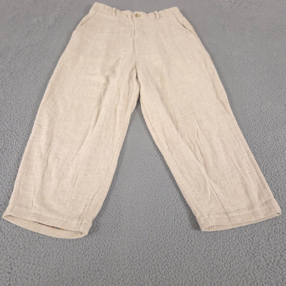 Amente Pants Womens M/L Beige Wide Leg Cotton Linen Blend Cropped Los Angeles